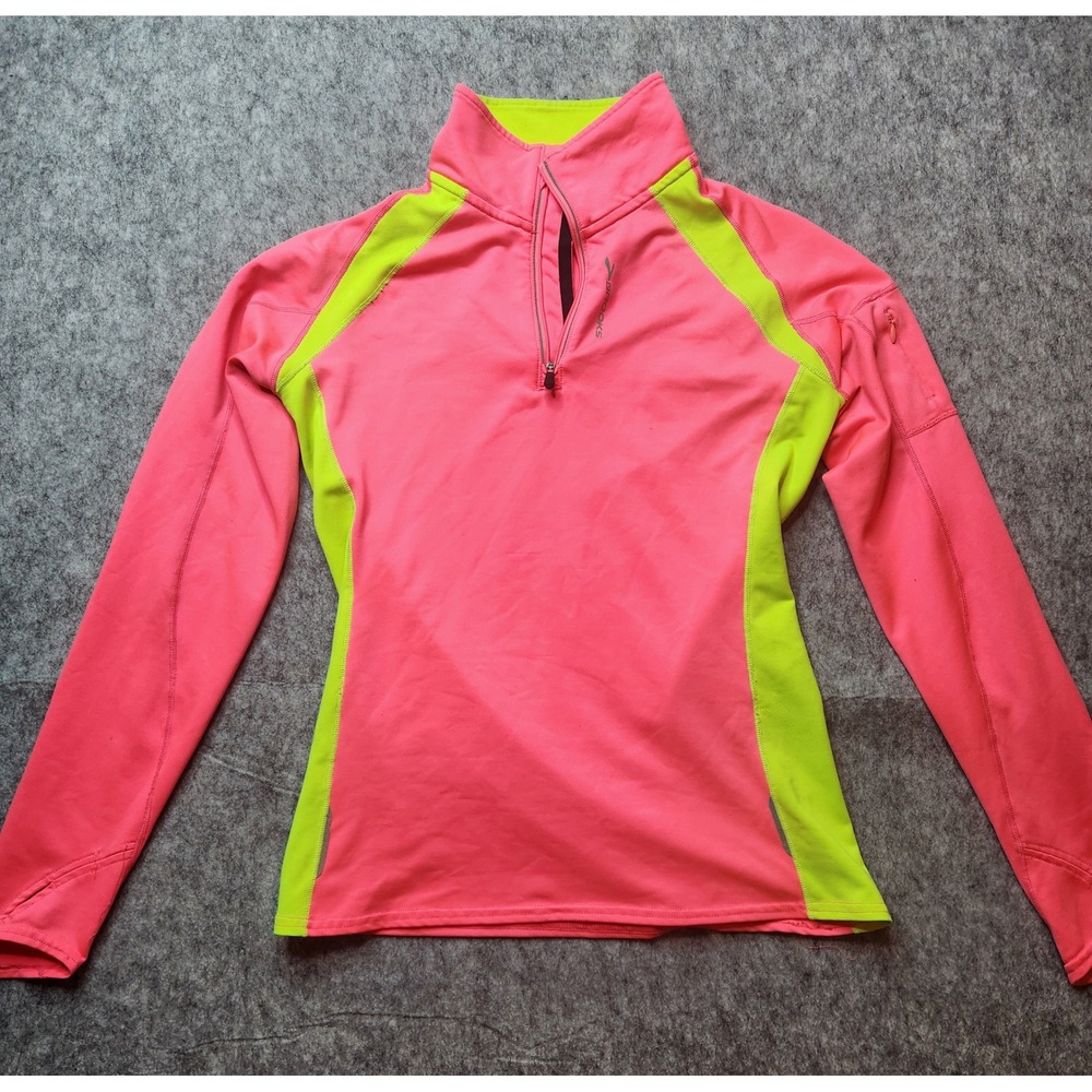 Brooks Womens Neon Pink Lime Green Quarter Zip Running Top Small Thumbholes